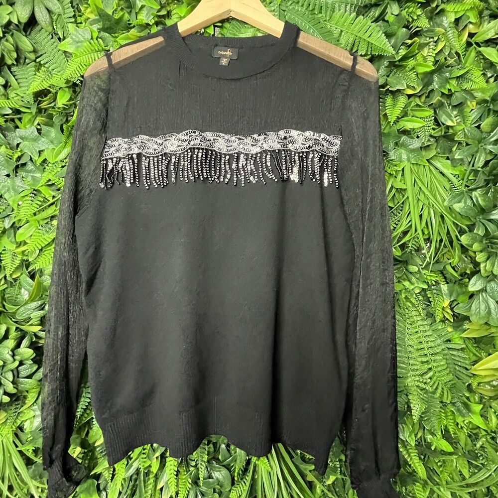 Ontwelfth Tops Women XL Black Sweater Blouse With Sequins Sheer Sleeve‎  0145 - Picture 9 of 13
